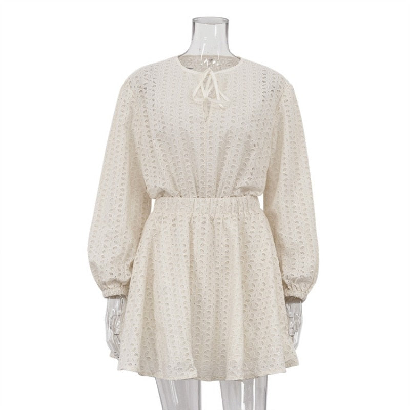 Lizakosht Autumn Elegant Hollow Out Two Piece Skirt Set Y2K INS Clothes Outfits Long Puff Sleeve Shirt Top Pleated Skirt Boho Outfits