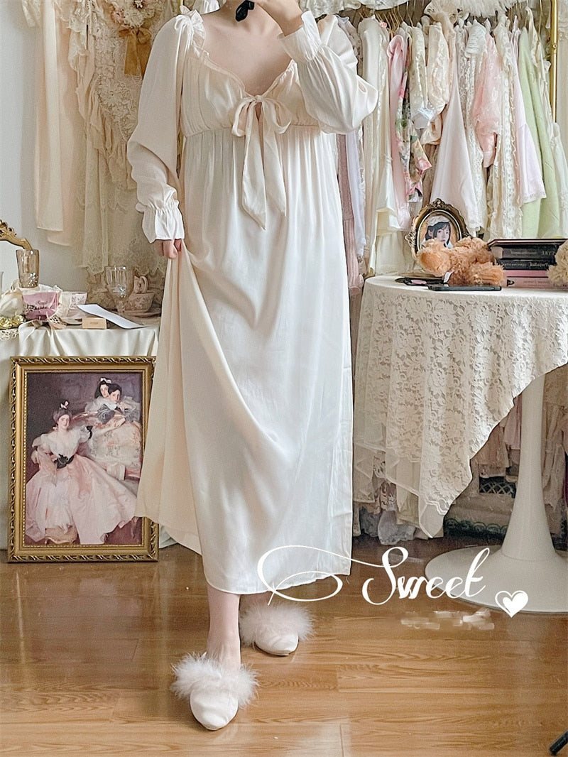 Lizakosht Sexy Ruffles Collar Nightgown Home Dress Gown with Bow Sweet  Princess Style Sleepwear Female Off Shoulder Stain Sleepshirt