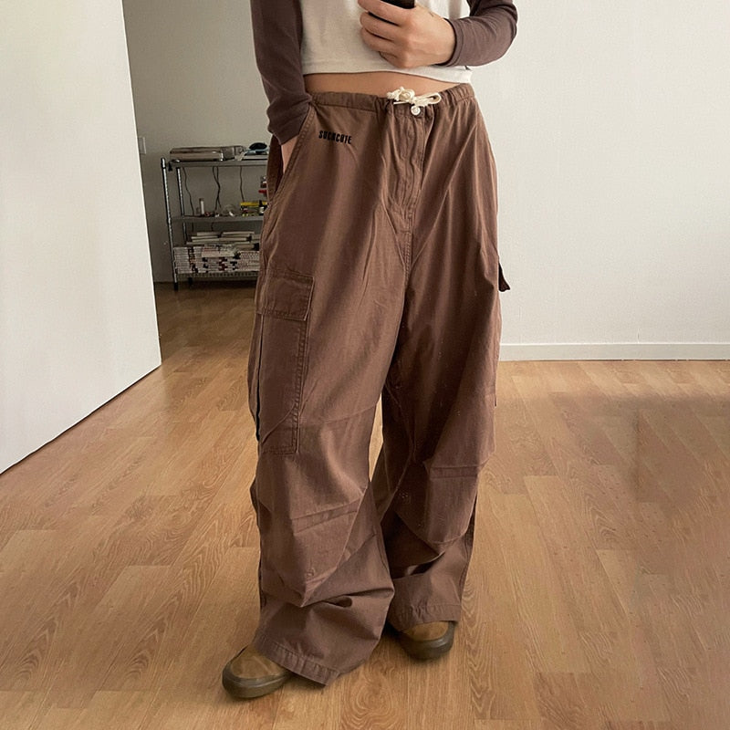 Lizakosht Ladies Harajuku Baggy Drawstring Pockets Cargo Pants Women Letter Embroidery Low Waist Casual Straight Trousers