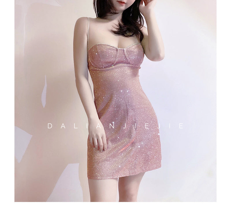 Lizakosht Glitter Diamond Glow Pink Camisole Mini Dress Fairy Sweet Tops Kawaii Girl Hot Sexy Korean Women Summer Beach R6MC