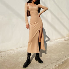 Lizakosht European Style Women Spring Long Sleeve Dress Side Split Sexy Solid Slim Sheath Female Vestidos Elastics