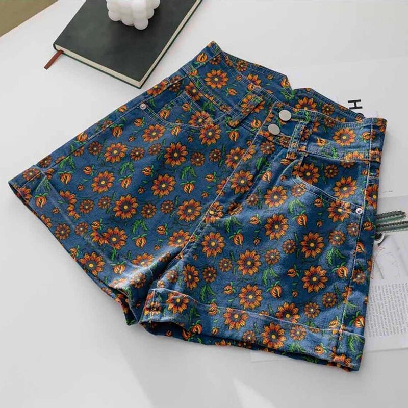 Vintage Floral Denim Shorts Women Summer 2022 Double Buttons High Waist Short Pants Female Casual Loose Wide Leg Shorts