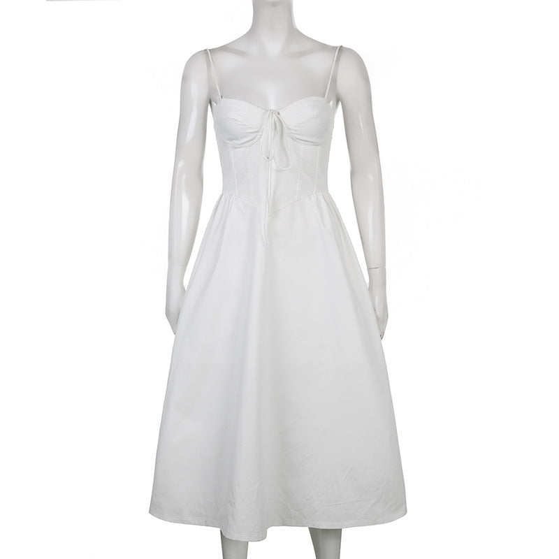 Lizakosht  Women's White Dress Low Cut Sling Dress Feminine Waist White Long Dress