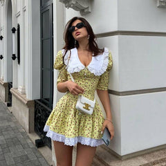 Lizakosht Summer Elegant Corset Party Dress for Women Y2K INS Sexy Short Puff Sleeve V Neck Lace Pleated Party Princess Dress