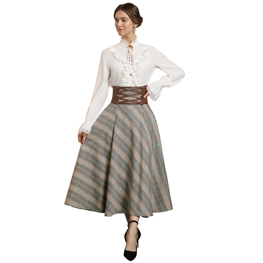SD Womens Plaid Skirts Vintage Renaissance Corset Waisted Skirt High Waist Buttons Elegant Beach Harajuku Long A-Line Skirt