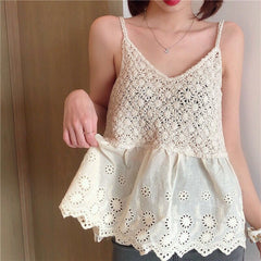 Summer Crochet Tank Top Women Sexy Hollow Out Crop Top Cotton Linen Shirt Female Boho Clothing Beach Cropped