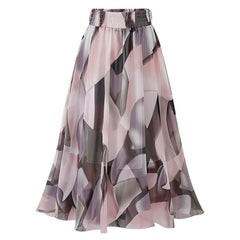 Lizakosht Women's Skirt Summer Fashion Printed Pleated Chiffon Skirt Women's Casual Lace-up High Waist Mid-Calf Skirt