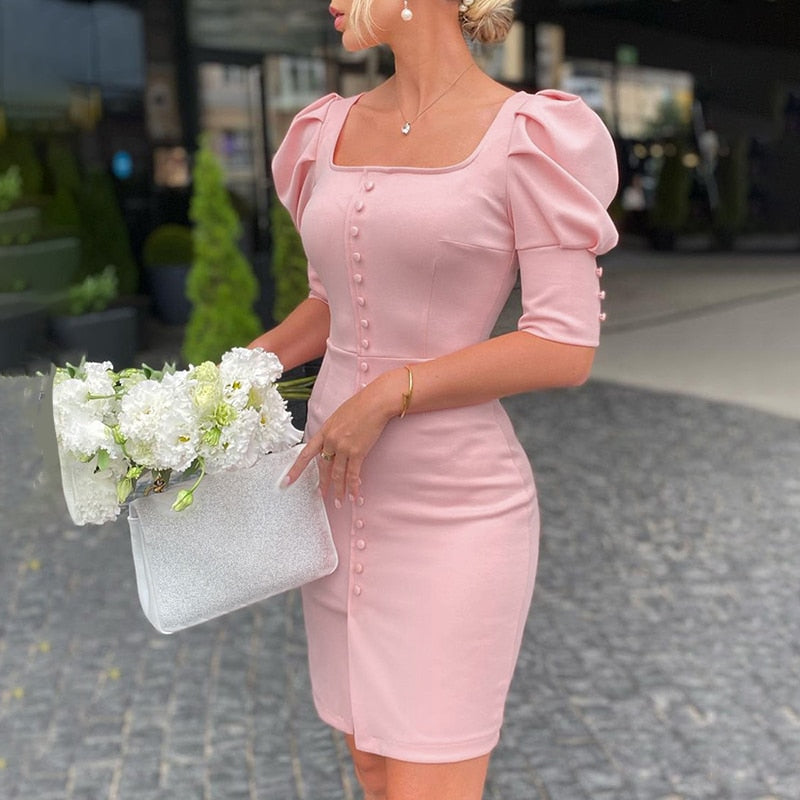 Lizakosht Women Fashion Party Club Dress Robes Formal Women Sexy Slim Fit Square Neck  Bodycon Mini Dress