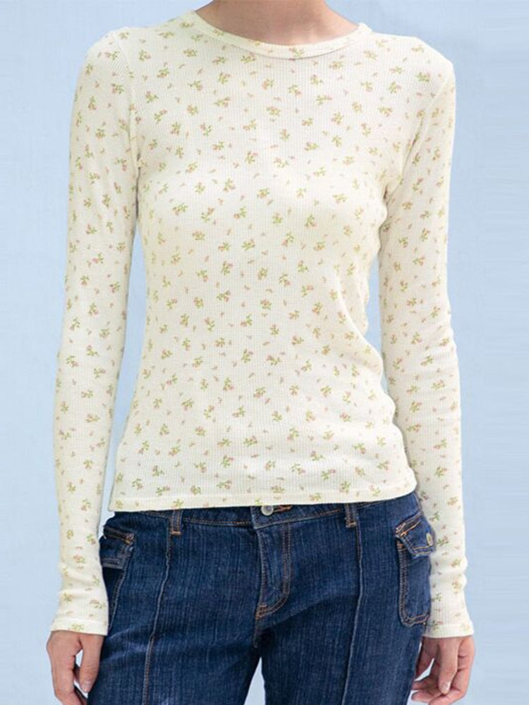 Lizakosht Sweet Floral Print Waffle T-shirts Women Vintage Cute Round Neck Slim Long Sleeve T Shirt Women Casual Harajuku Y2k Crop Top