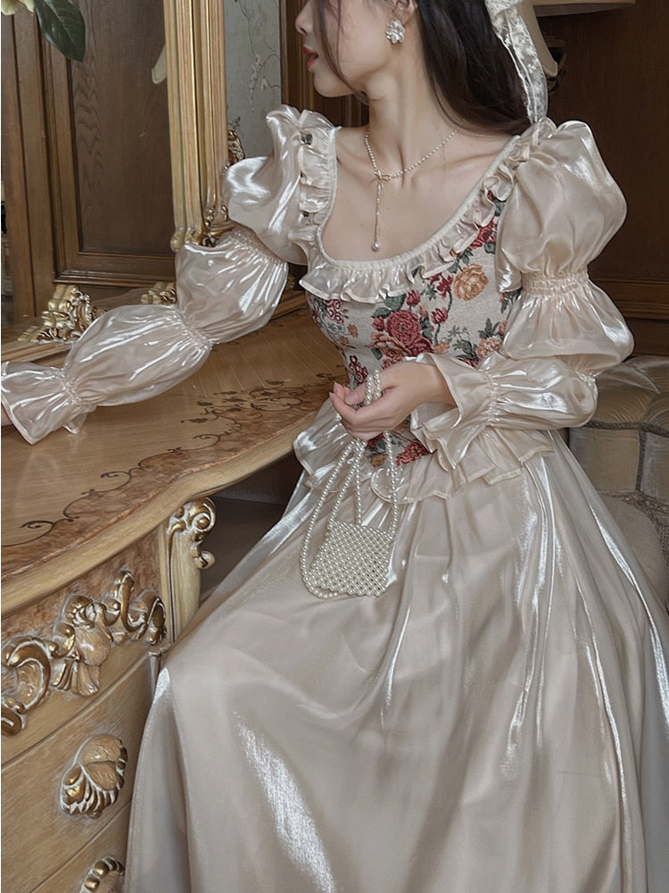 Lizakosht French Vintage Jacquard Floral Fairy Dress For Slim Women Romantic Chic Puff Sleeve Elegant Princess Dresses Vestido Festa