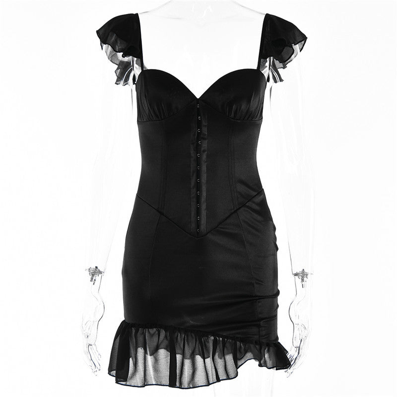 Mozision Sexy Off Shoulder Strapless Mini Dress Women Robe Black Sleeveless Backless Ruffle Bodycon Party Club Dress Vestido