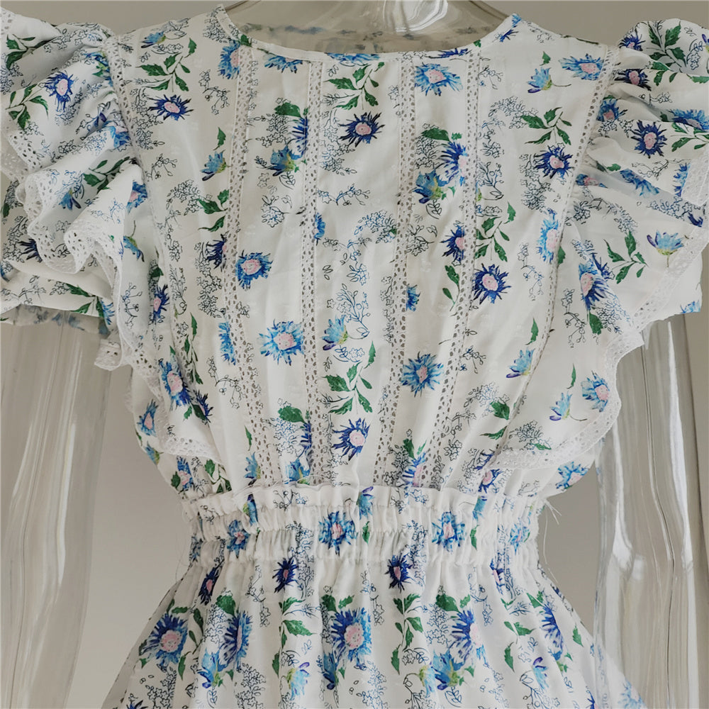 New Arrival Summer Short Sleeve Natasha Mini Dress Women Ruffled A-line Dress Blue Print