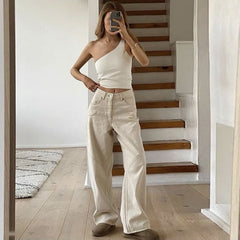 Lizakosht New Casual Rice White Straight Jeans Harajuku Solid Color Fashion Joker Vibe Wind Pants Summer Women's Vintage Y2k Clothing