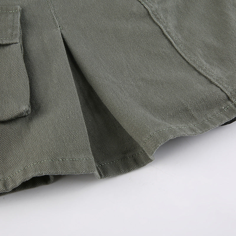 HOUZHOU Vintage Pocket Denim Cargo Skirt Women Korean Preppy Style High Waist Solid A-line Casual Pleated Mini Skirt Y2K E Girl