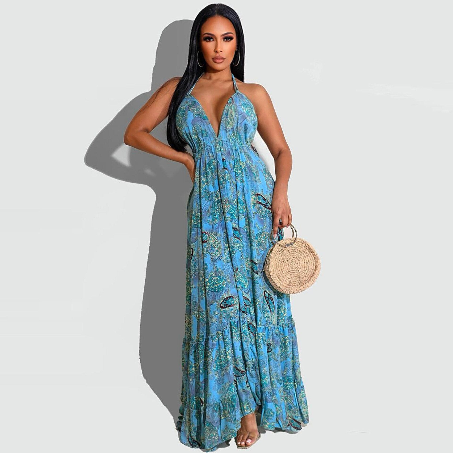 Lizakosht Hot Bohemian Chiffon Retro Print Holiday Sexy Young Fashion Halter Backless Off Shoulder Women Long Loose Dress