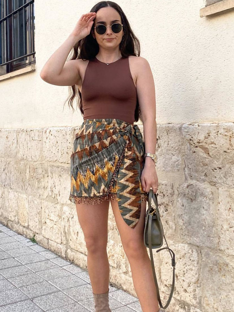 PB&ZA Women 2022 New Chic Fashion beading decoration print Mini Skirt Vintage High Waist back Zipper Female Skirts Mujer