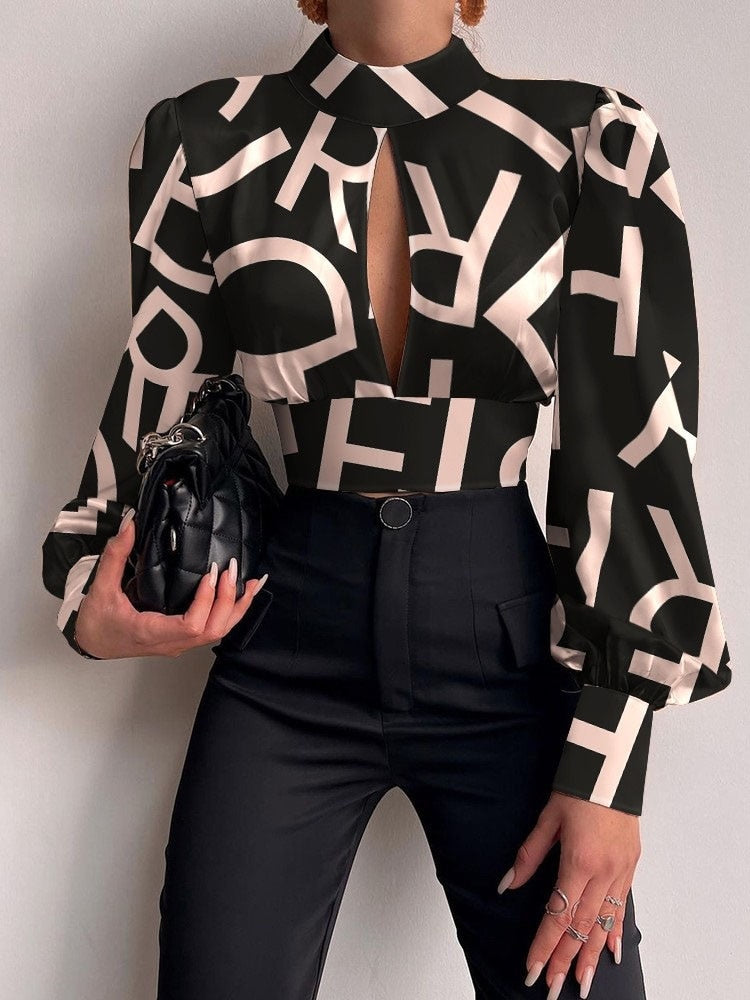 Vintage Print Lantern Sleeve Lace-Up Womens Shirt 2022 Elegant Hollow Out Backless Crop Top Sexy Fashion Turtleneck Blusa Blouse
