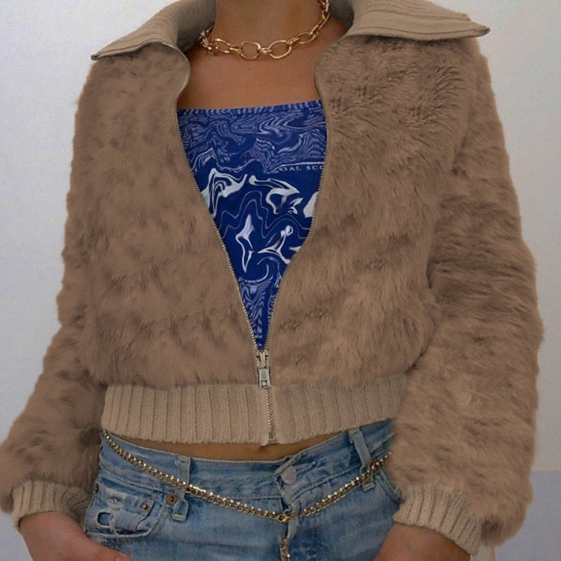 Lizakosht Autumn and Winter Temperament Lapel Long-sleeved Jacket Women New Fashion Women's Plush Stitching Zipper Warm Cardigan