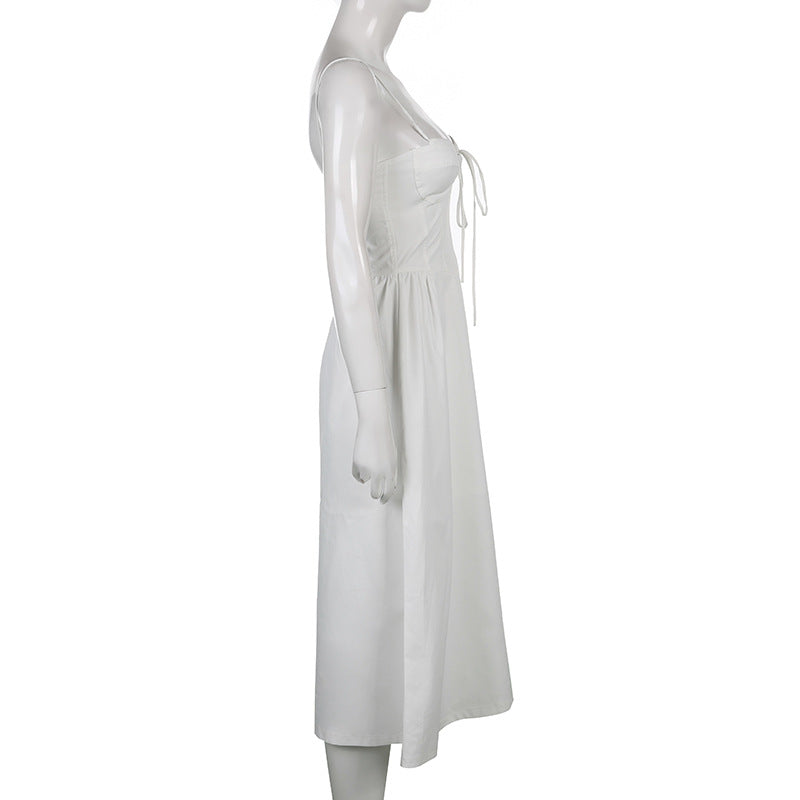 Lizakosht  Women's White Dress Low Cut Sling Dress Feminine Waist White Long Dress