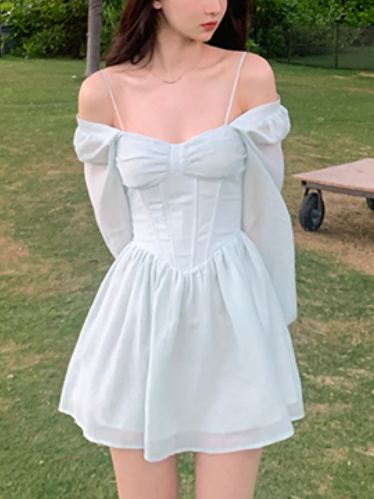 Lizakosht  Summer Pure Color Short Party Dress Woman Long Sleeve Sweet Y2k Mini Dress Casual Elegant One Piece Dress Korean Design