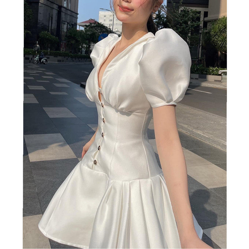 Summer Short White Dress Women Puff Sleeve Sexy V-Neck Pleated Mimi Party Dresses Women Vestidos Single Breasted Ball Gown F121