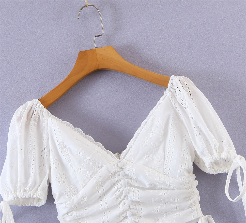 Elegant white lace top short sleeve korean fashion blouses for women 2022 Summer backless top ruched puff sleeve top cotton