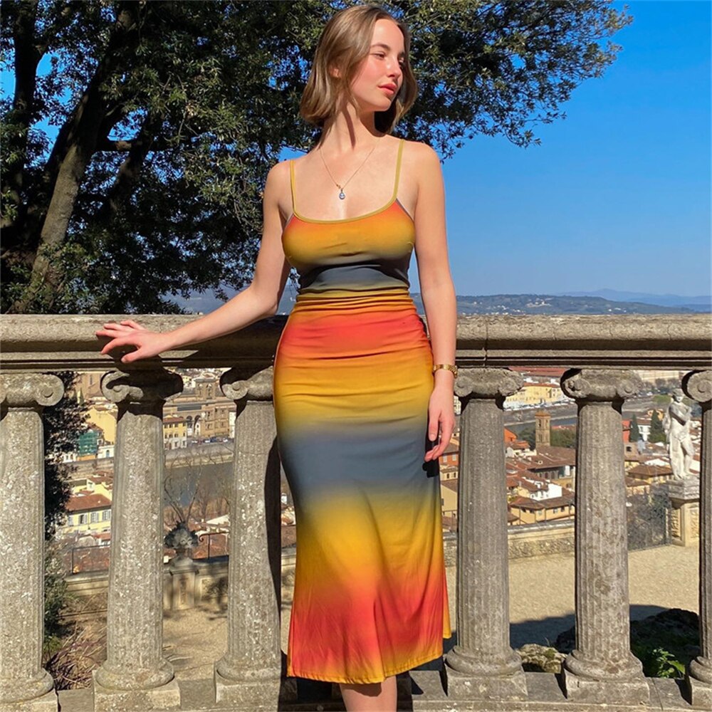 Sexy Print Spaghetti Strap Dresses For Women Elegant Sleeveless Backless Bodycon Dress Summer Fashion Streetwear Long Sundress
