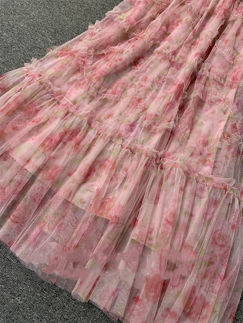 Lizakosht Vacation Floral Print Long Dress Women Short Sleeve Boho Fairy 3 Layers Mesh Pink Fit Flare Party Vestidos Runway Clothes F281