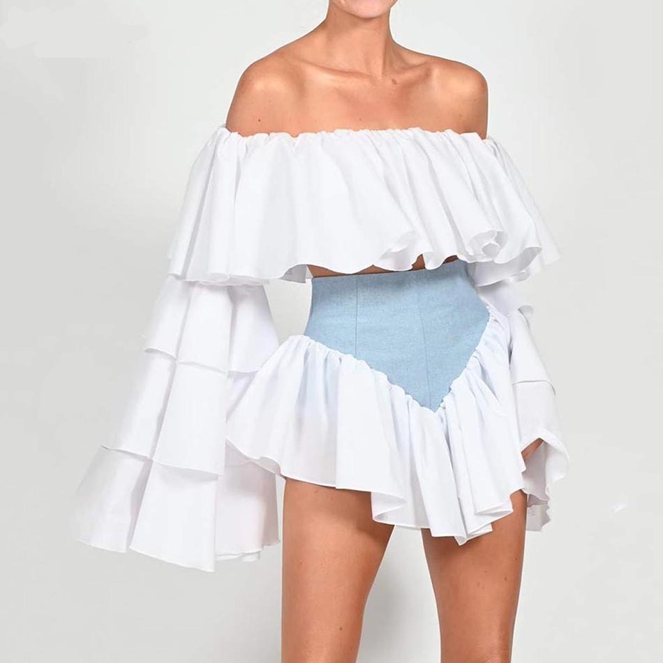 Lizakosht New Summer Two-Piece Suit One-Way Neck Ruffle Top Lady Elegant Ruffled Lady Tight Sexy Celebrity Party Suit
