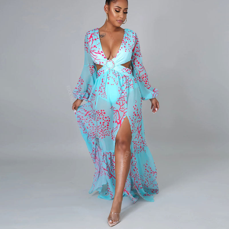 Sexy V-Neck Backless Hollow Out Dress 2022 Summer Women Lantern Sleeve Club Party Long Maxi Dresses Tunic Beach Cover Up A916