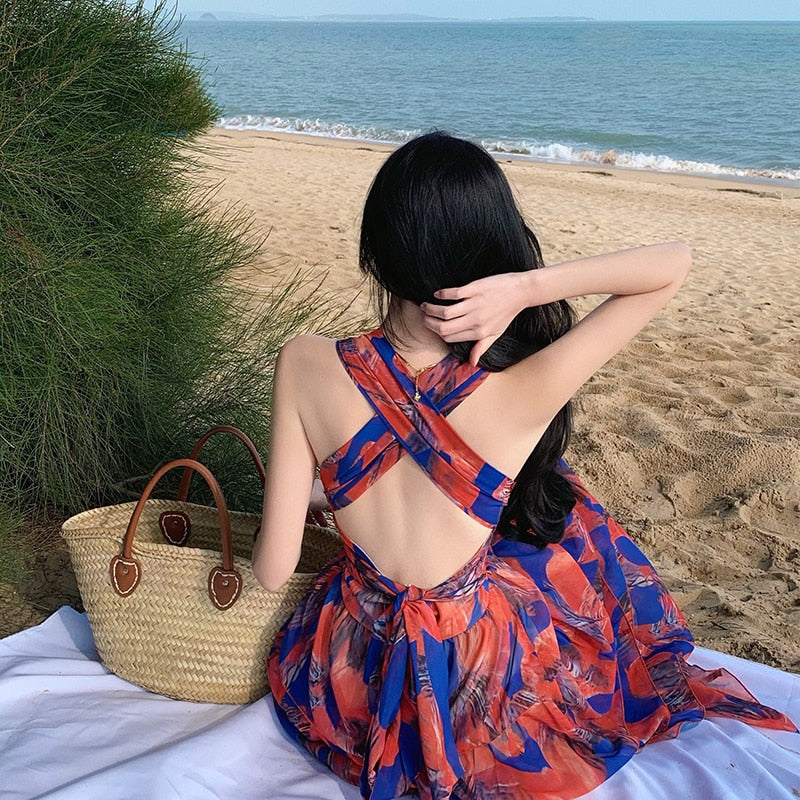 Lizakosht  Summer Backless Beach Long Maxi Dress Vintage Cascading Ruffles Deep V Neck Sexy Floral Print Party Dress Sleeveless Design F242