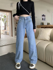 Lizakosht Women's Burr Edge Design Blue Jeans Fashion Cool American Casual High Waist Straight Trousers Female Vintage Wide Leg Pants