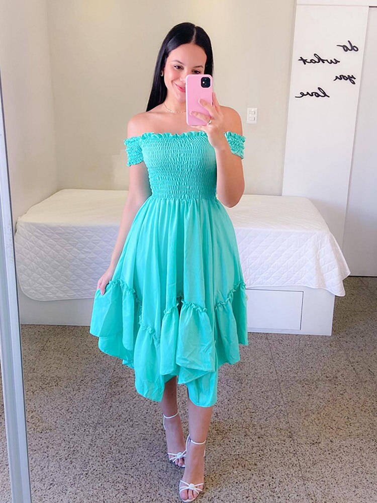 Ruffle Off The Shoulder Short Sleeve Women Dress Green Fold Sweet Ladies Dresses 2022 Summer A-line Midi Female Vestidos