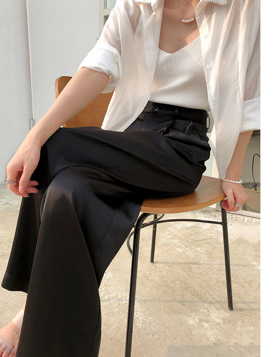 Lizakosht  Summer Autumn Women's Pants Loose Classic Black Straight High Waist Casual Korean Silk Satin Wide Leg Trousers for Women Pants
