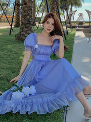 Lizakosht Summer Vintage Backless Dress Women Backless Fairy Party Midi Dresses Female Korean Fashion Casual Lace Up Bow Sweet Dress 2022