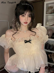 Summer Chiffon Bow Sweet Blouses Women Designer Puff Sleeve Princess Blouses Female Korean Fashion Lace Fit Party Blouse 2022