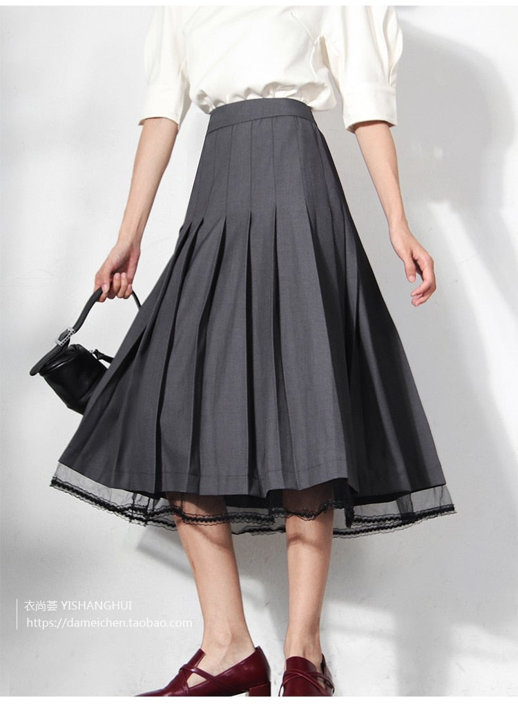 Lizakosht Women's Skirts  New Grey Lace Stitching Pleated High Waist A-Line Midi Skirts Commuter Free Shipping