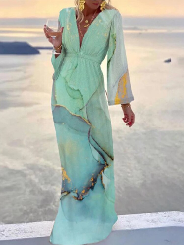 Lizakosht  Elegant Flare Long Sleeve High Waist Boho Beach Dress Women Vintage Print Deep V Maxi Dress Fashion Women Casual Chic Long Dress