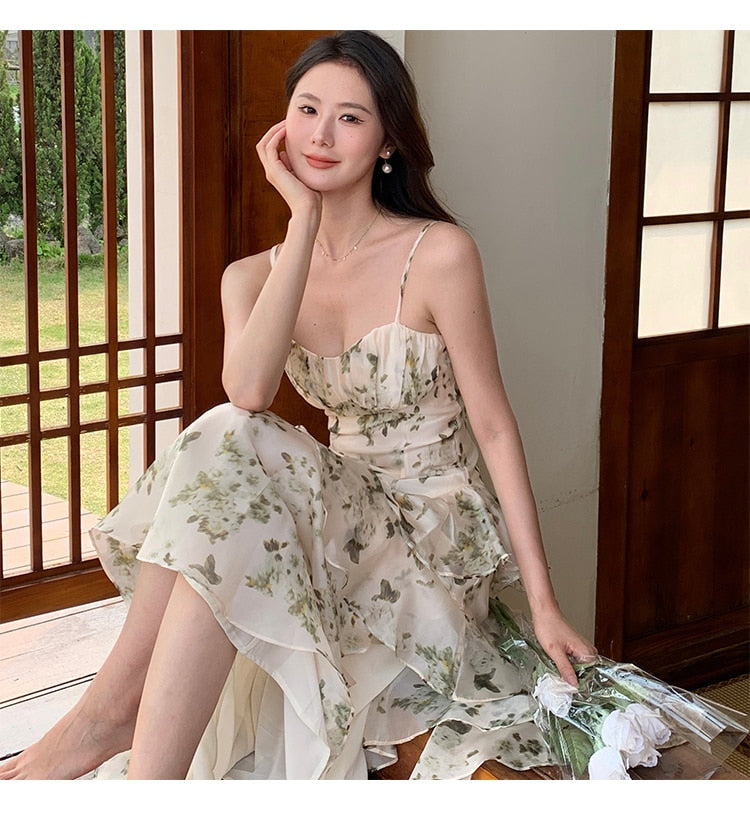 Lizakosht 2023 Summer Fairy Dress Floral Long Ruffles Chiffon Dress French Retro Dress vestidos de mujer abiti cerimonia donna lusso