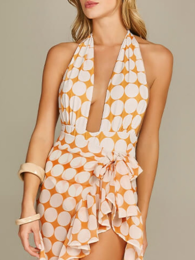 Lizakosht Deep V Print One Piece Swimsuit Backless Sexy Halter Bikini and Cover Up Summer Fashion Womens Beachwear Cutout for Women