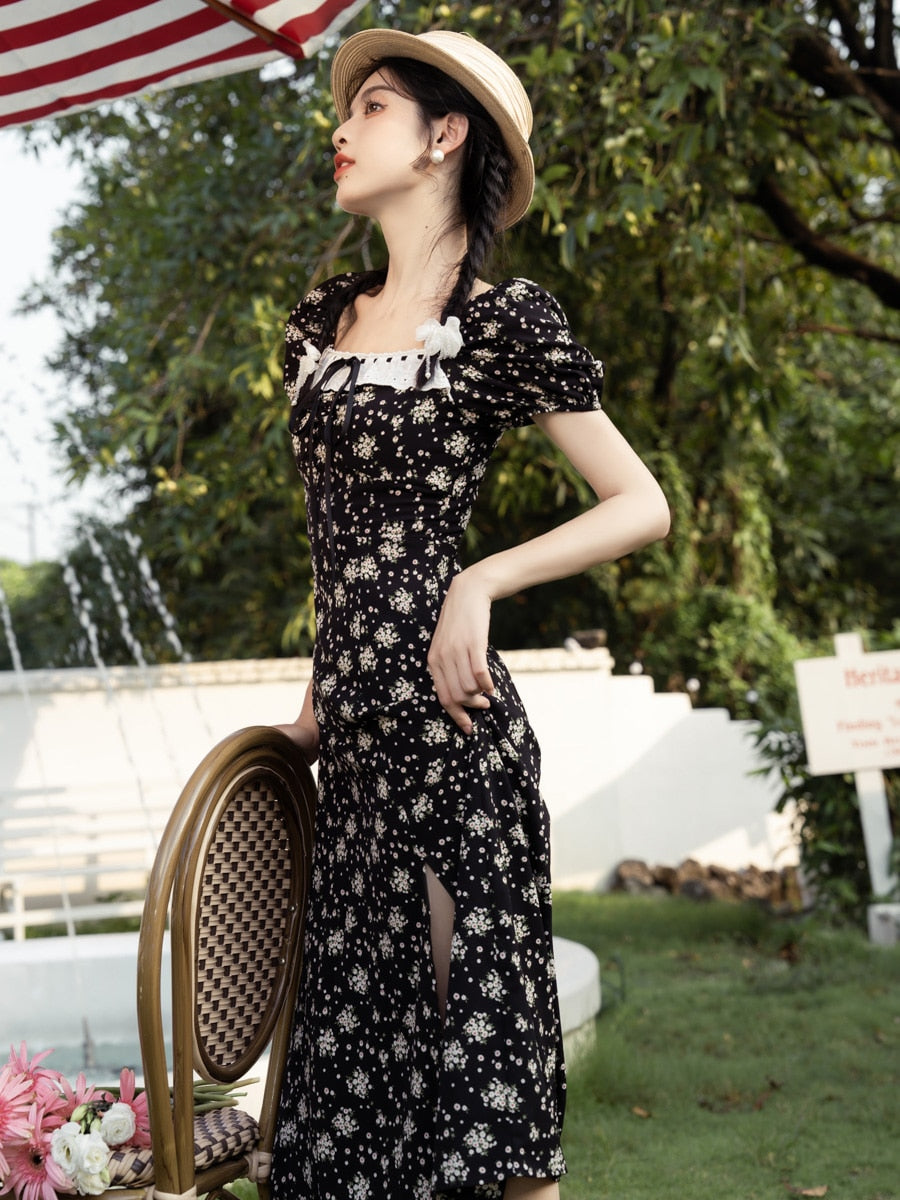 Lizakosht Summer Black Print Dress Woman Korean Chic Design Square Collar Puff Sleeve Sexy Slit Dresses For Party Vestido Negro Robe Noir
