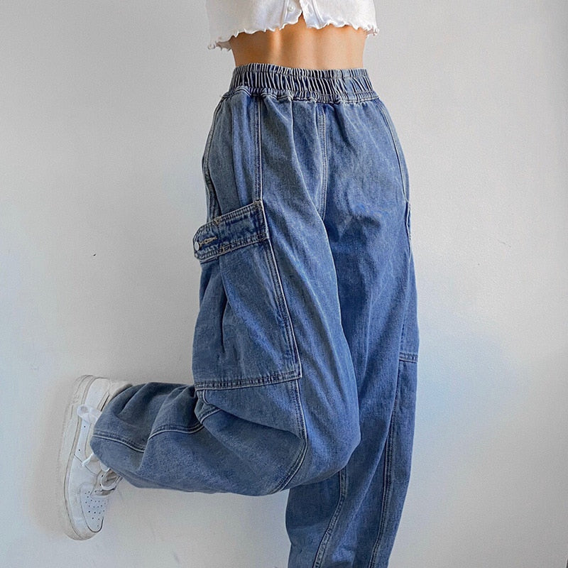 Lizakosht Sexy Fashion Cargo Trousers  Ins Street Solid Vintage Work Jeans Elastic Waist Straight Leg Jeans Workwear Femme Mujer