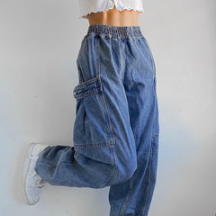 Lizakosht Sexy Fashion Cargo Trousers  Ins Street Solid Vintage Work Jeans Elastic Waist Straight Leg Jeans Workwear Femme Mujer
