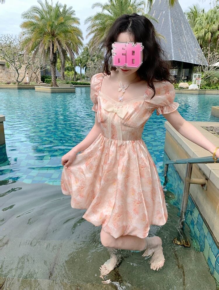 Summer Chiffon Printing Bow Sweet Dress Women Designer Bandage Backless Kawaii Dress Female Korean Glitter Cute Mini Dress 2022