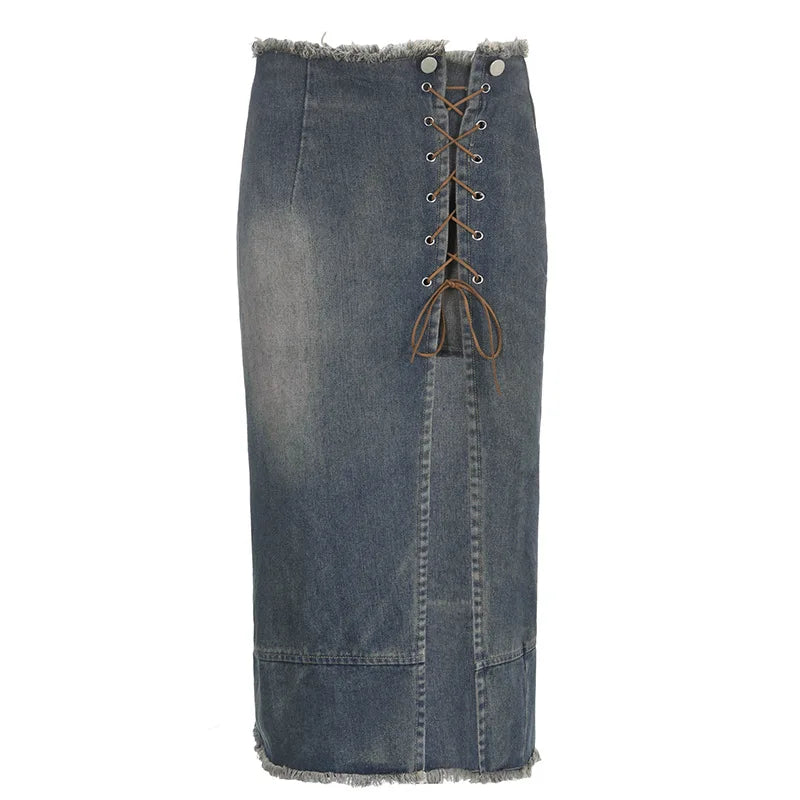 Lizakosht Wrap Midi Long Women Denim Skirt High Split Vintage High Waist Women Streetwear Y2K Kawaii Skirts Fashion Maxi Skirt