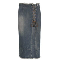 Lizakosht Wrap Midi Long Women Denim Skirt High Split Vintage High Waist Women Streetwear Y2K Kawaii Skirts Fashion Maxi Skirt