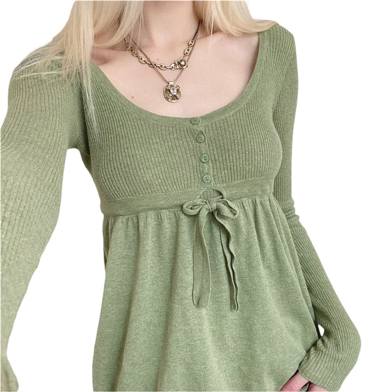 Lizakosht Knitted T Shirt y2k Aesthetic Button Lace Up Waist Long Sleeve Tops Fairycore Grunge Clothes 2000s Women Streetwear