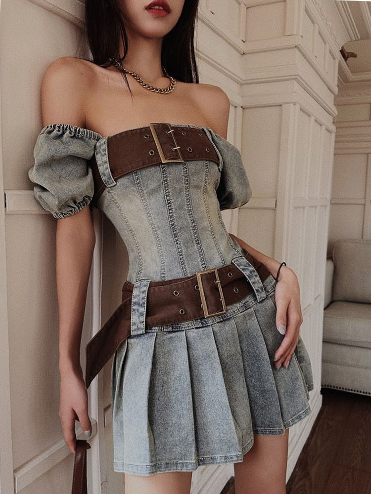 Lizakosht Sexy Y2k Dress Denim Women Streetwear Chic Bodycon Summer Mini Dresses Pleated Square Collar Puff Sleeve Party Robe