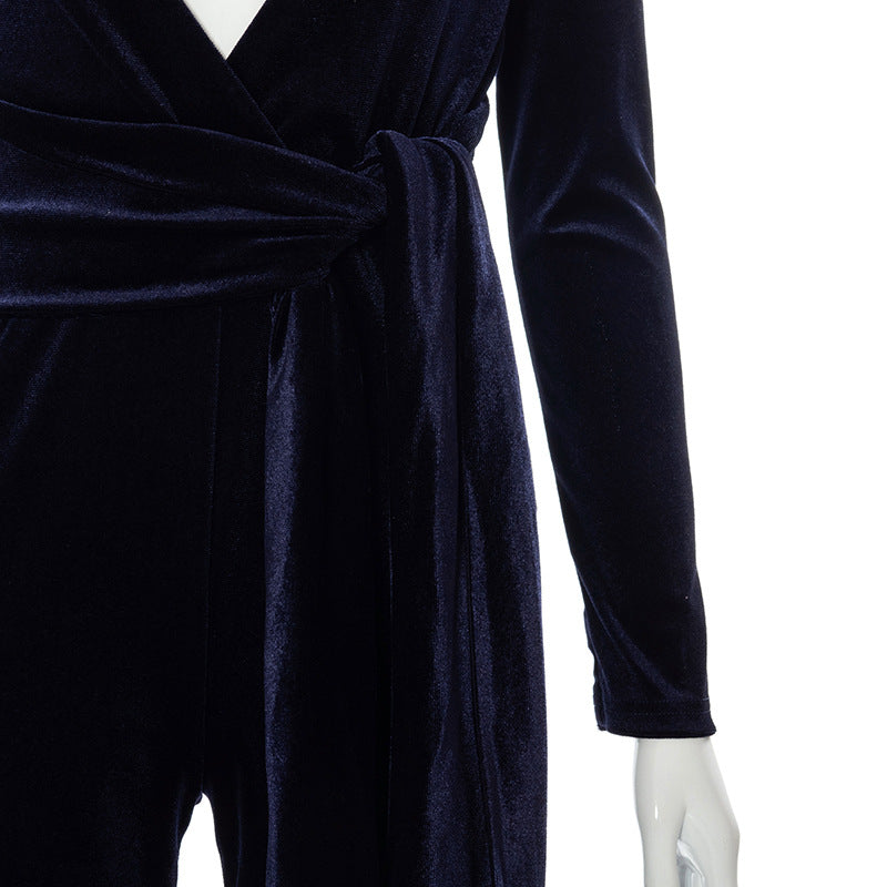Spring Autumn Women's Sexy Deep V Neck Long Jumpsuit Workwear Ladies Wide Leg Black Velvet Jumpsuit Jumpsuit with Belt Jumpsuit