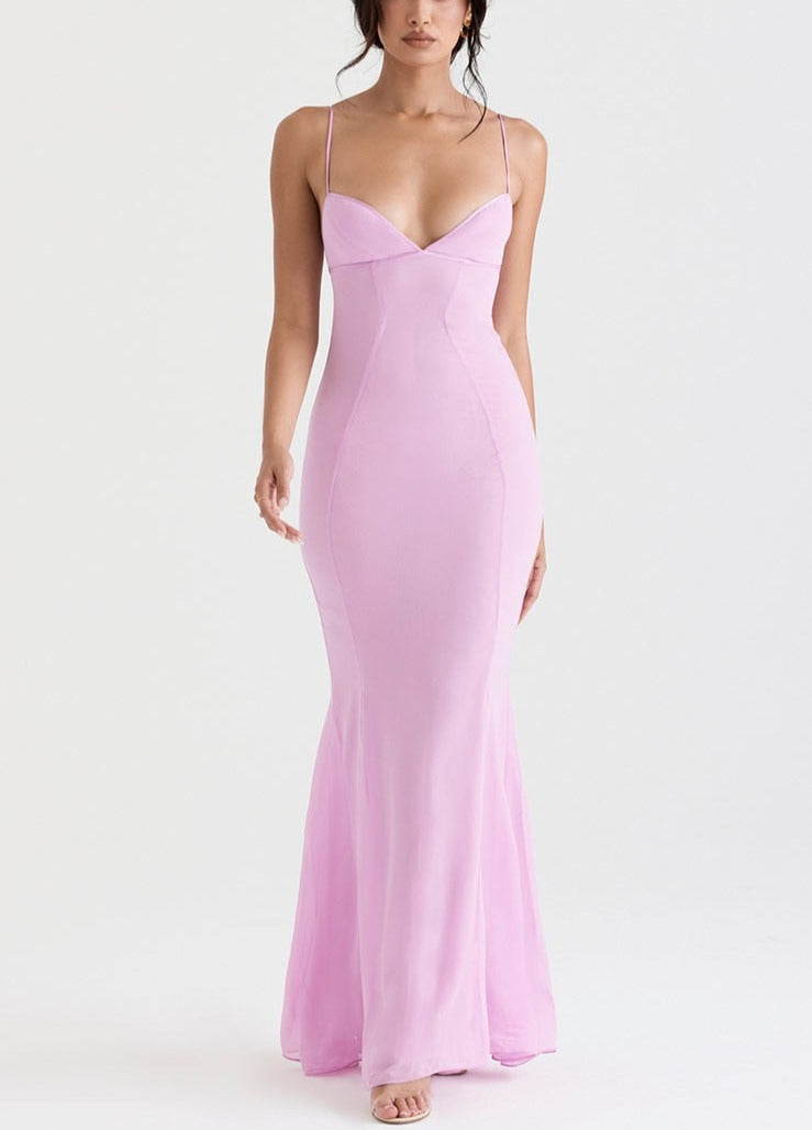 Lizakosht Women's Summer Dress V-Neck Strap Strapless Sleeveless Solid Color Dress Slim Sexy Backless Pink Dresses